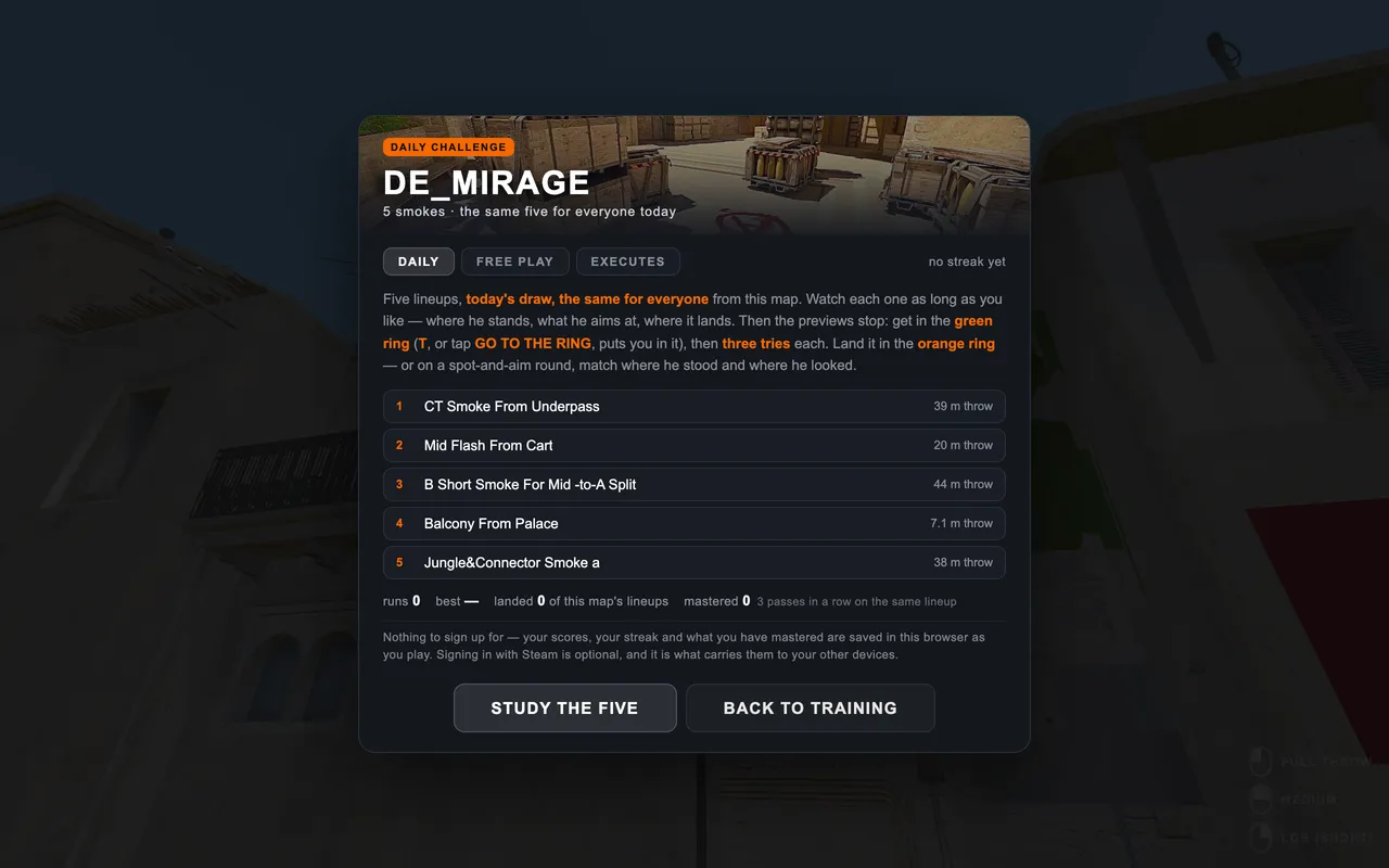 The daily challenge card: five Mirage lineups with their throw distances, and a record of past runs.