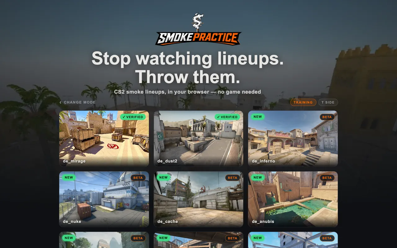 The map picker: nine CS2 maps, Mirage and Dust2 marked verified.
