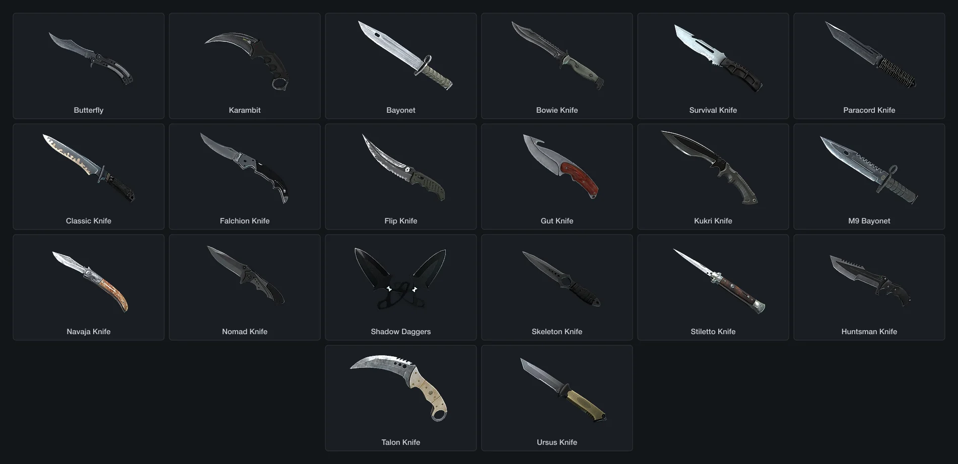 All twenty knives, each drawn as the game itself draws them, from the Butterfly and Karambit to the Talon and the Ursus
