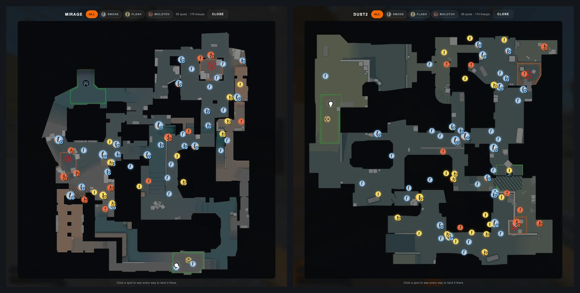 The map view on Mirage and Dust2, every lineup marked by where it lands