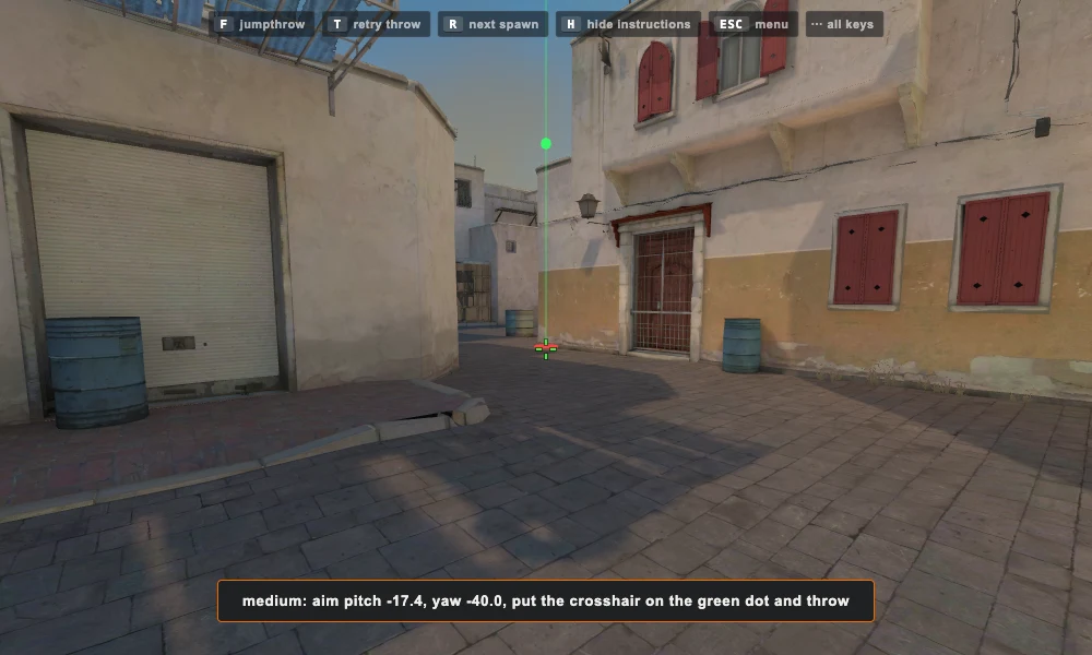A throw solved on Dust2: the red ring on the spot it should land, the green dot above it to put the crosshair on, and the flight it expects between the two