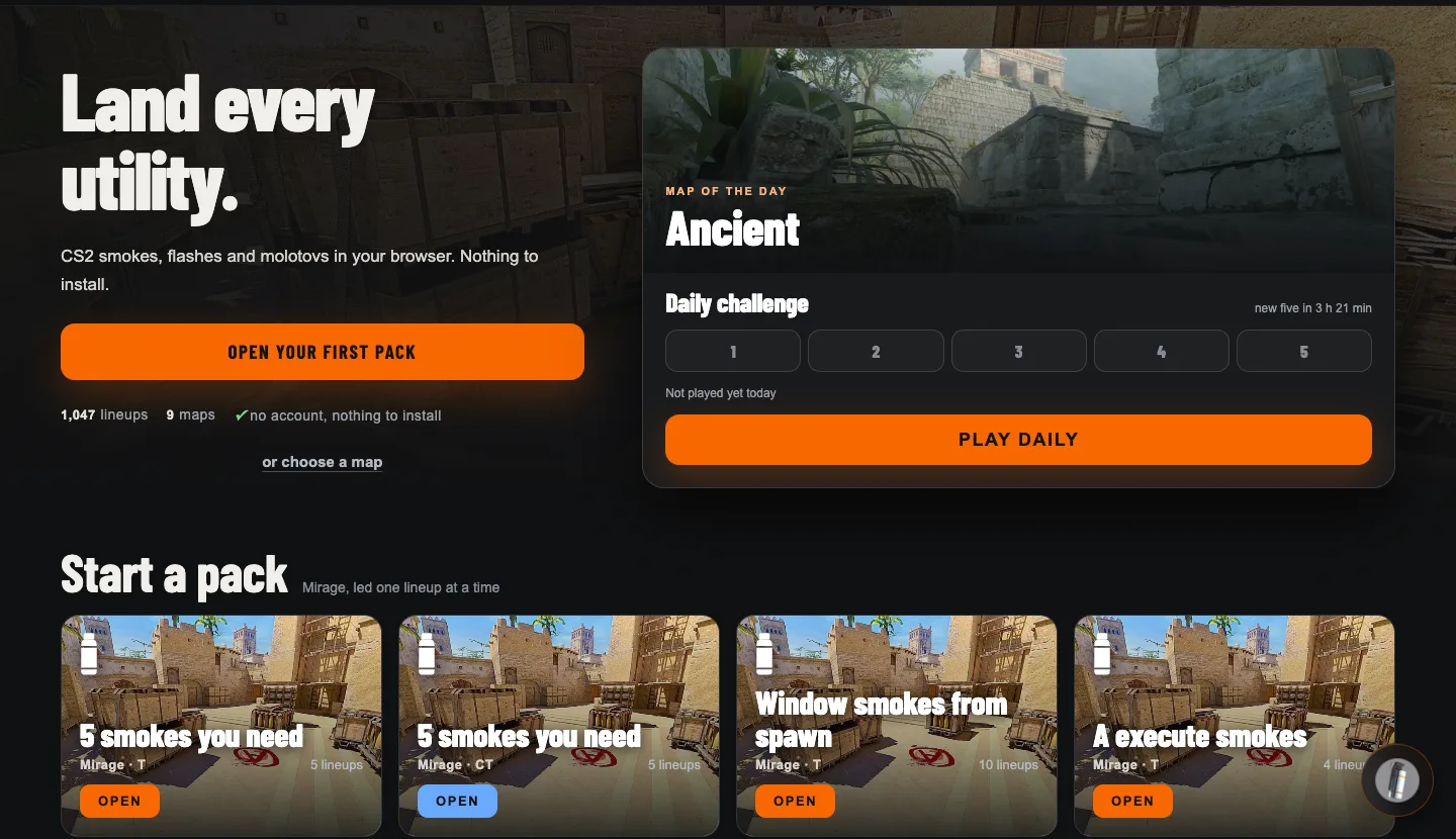 The landing page: the daily challenge, and the packs you can open on Mirage, with the maps below.