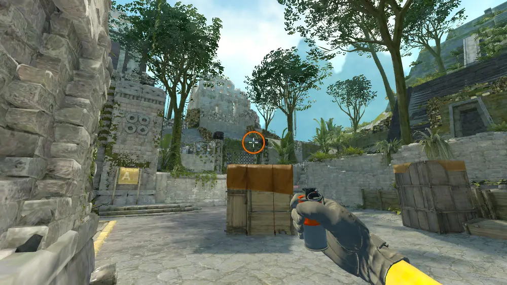 Standing on the Big Box spot on Ancient, the aim mark on the point this smoke is thrown at.