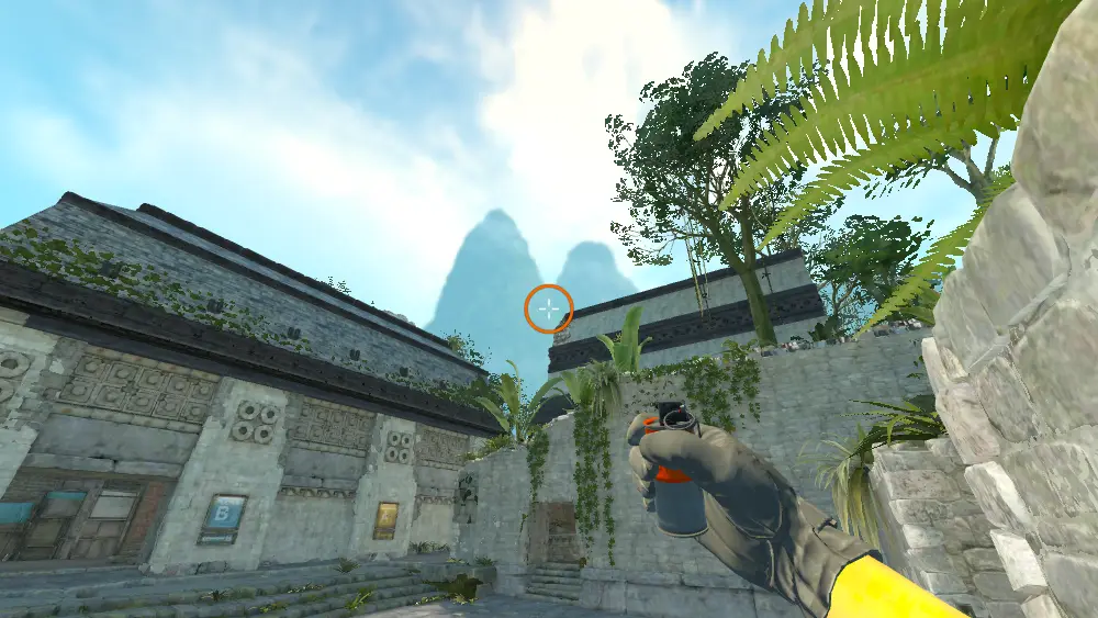 Standing on the CT Spawn spot on Ancient, the aim mark on the point this smoke is thrown at.