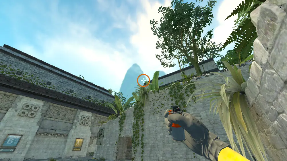 Standing on the CT Spawn spot on Ancient, the aim mark on the point this smoke is thrown at.