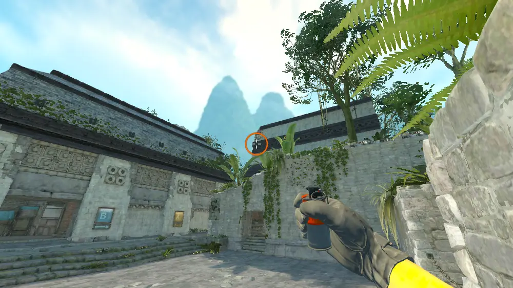 Standing on the CT Spawn spot on Ancient, the aim mark on the point this smoke is thrown at.