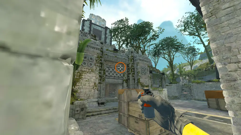 Standing on the CT Spawn spot on Ancient, the aim mark on the point this smoke is thrown at.