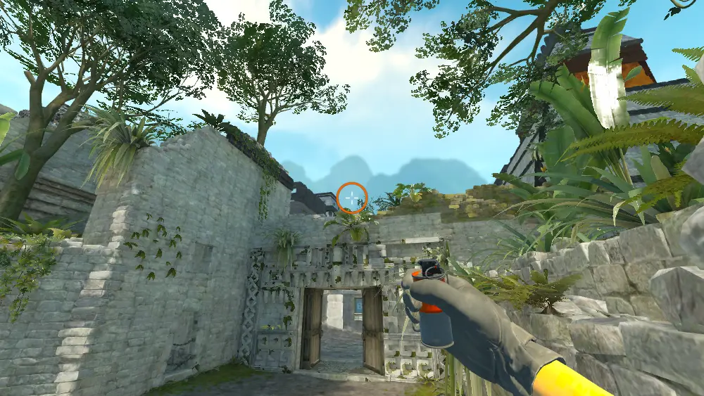 Standing on the Ruins spot on Ancient, the aim mark on the point this smoke is thrown at.