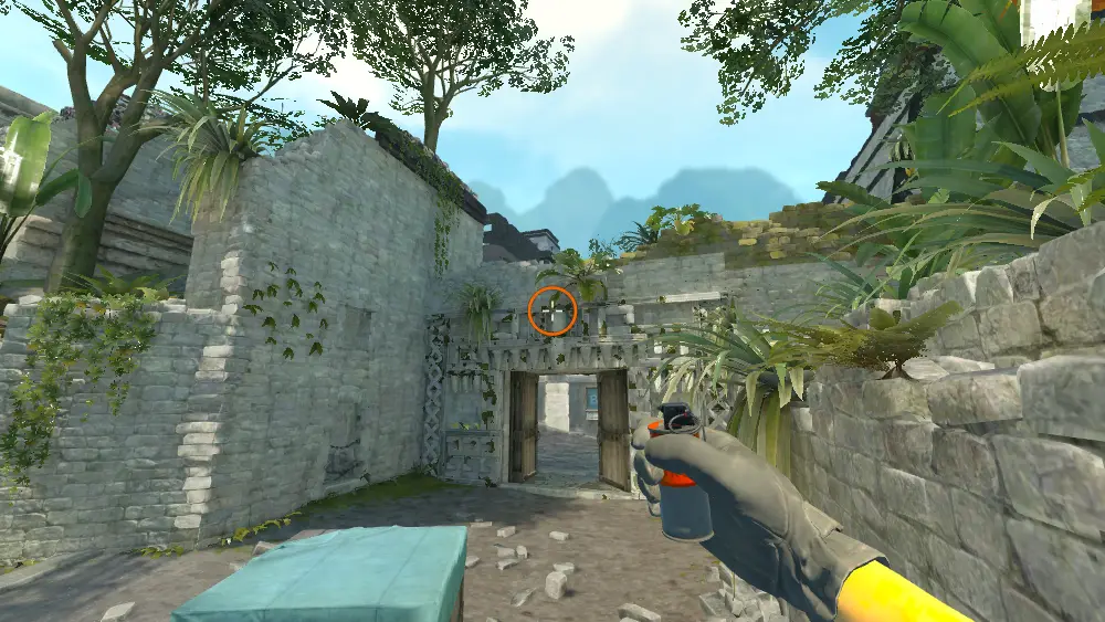 Standing on the Ruins spot on Ancient, the aim mark on the point this smoke is thrown at.