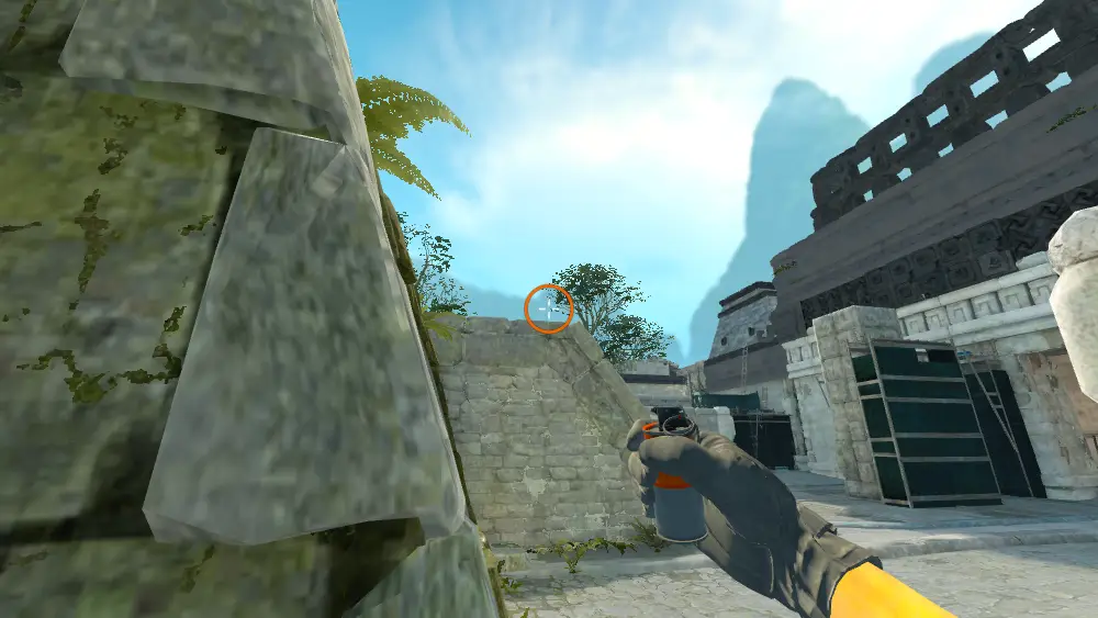 Standing on the B Site spot on Ancient, the aim mark on the point this smoke is thrown at.