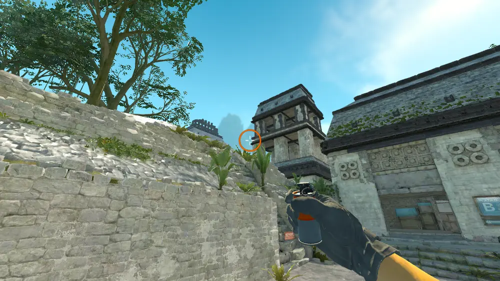 Standing on the CT Spawn spot on Ancient, the aim mark on the point this smoke is thrown at.
