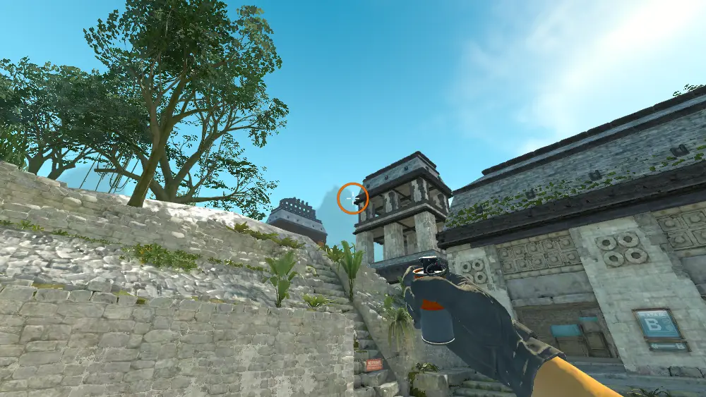 Standing on the CT Spawn spot on Ancient, the aim mark on the point this smoke is thrown at.