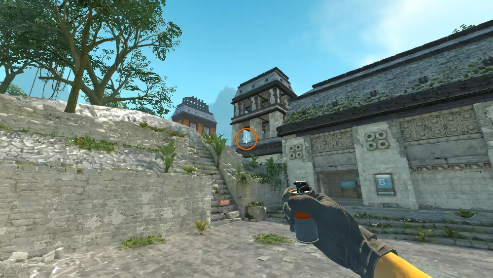 Standing on the CT Spawn spot on Ancient, the aim mark on the point this smoke is thrown at.