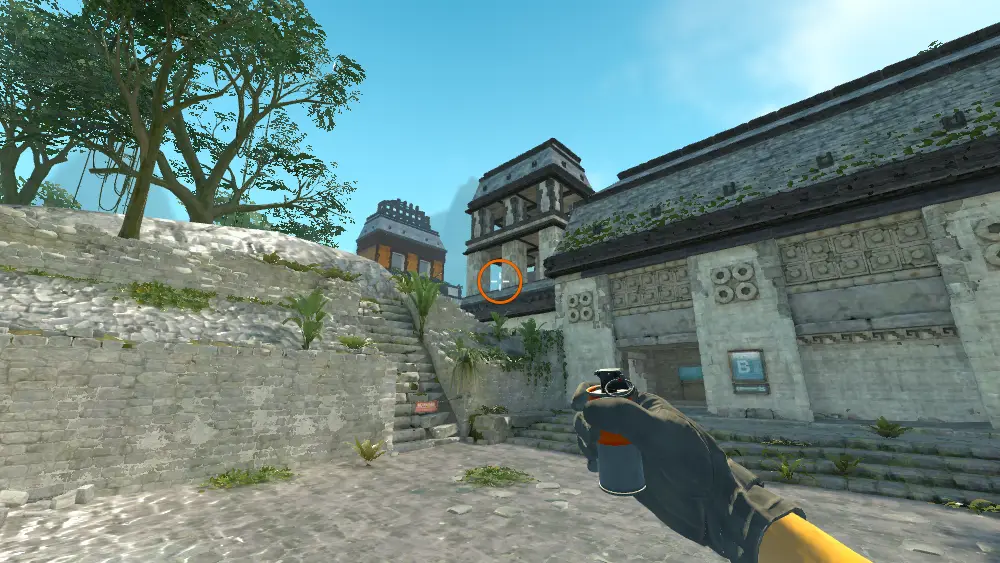 Standing on the CT Spawn spot on Ancient, the aim mark on the point this smoke is thrown at.