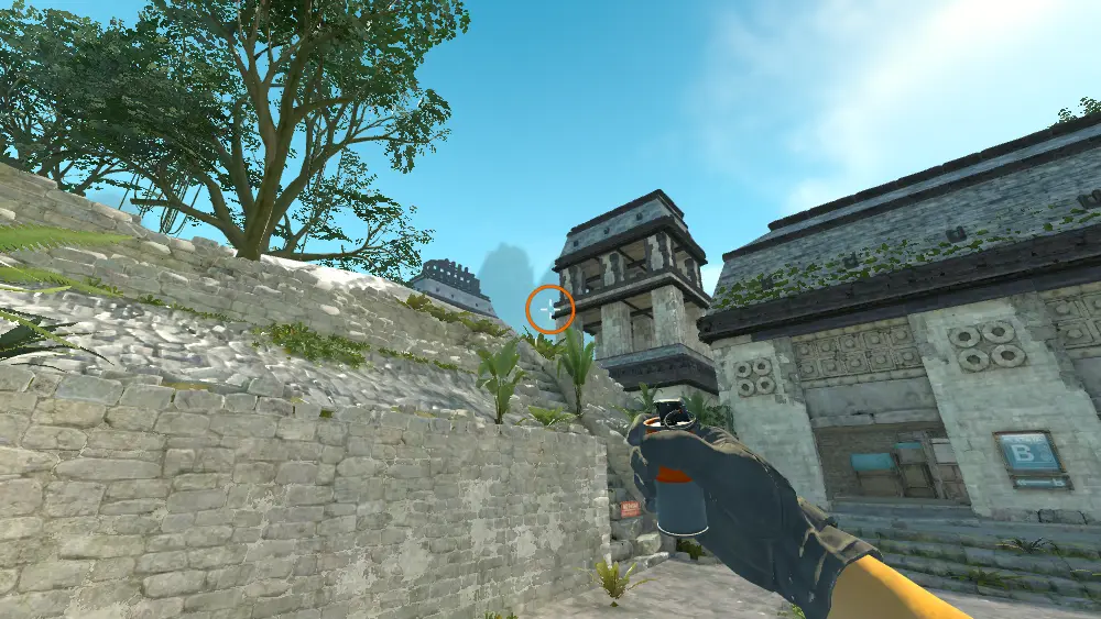 Standing on the CT Spawn spot on Ancient, the aim mark on the point this smoke is thrown at.