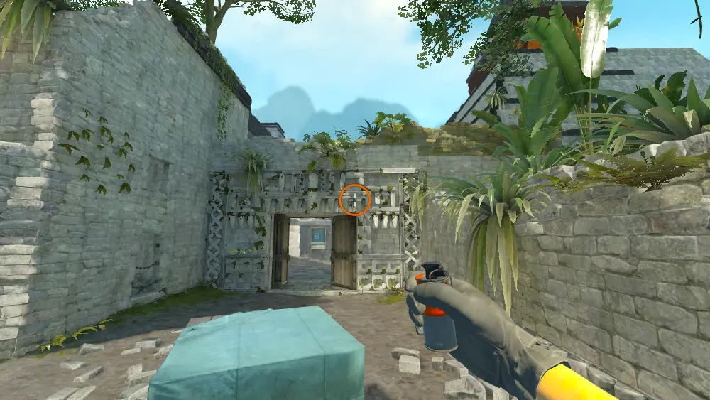 Standing on the Ruins spot on Ancient, the aim mark on the point this smoke is thrown at.