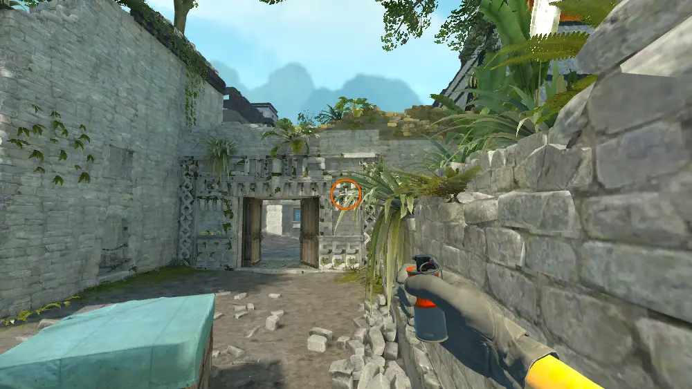 Standing on the Ruins spot on Ancient, the aim mark on the point this smoke is thrown at.