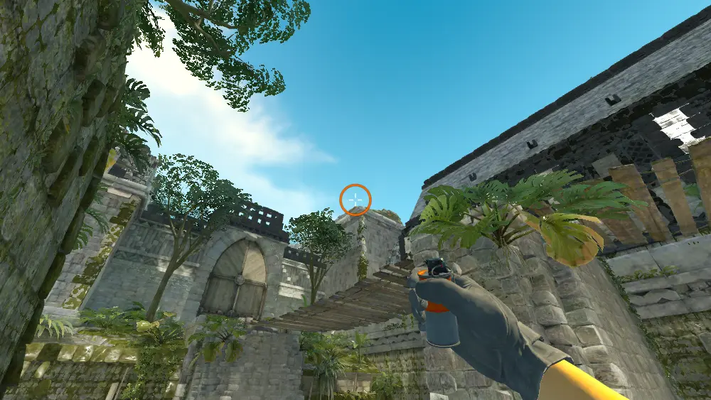 Standing on the T Spawn spot on Ancient, the aim mark on the point this smoke is thrown at.