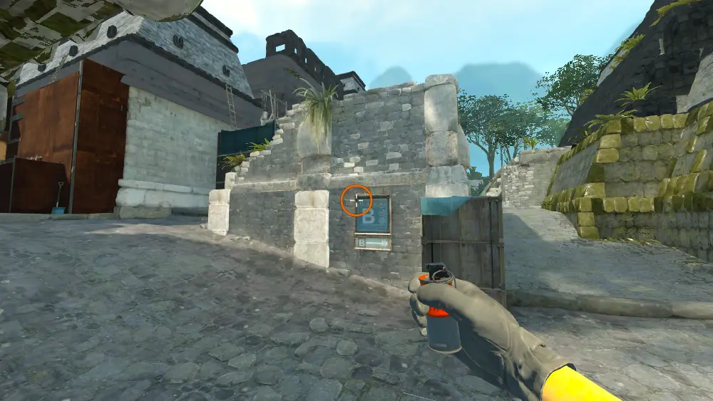 Standing on the B Doors spot on Ancient, the aim mark on the point this flash is thrown at.
