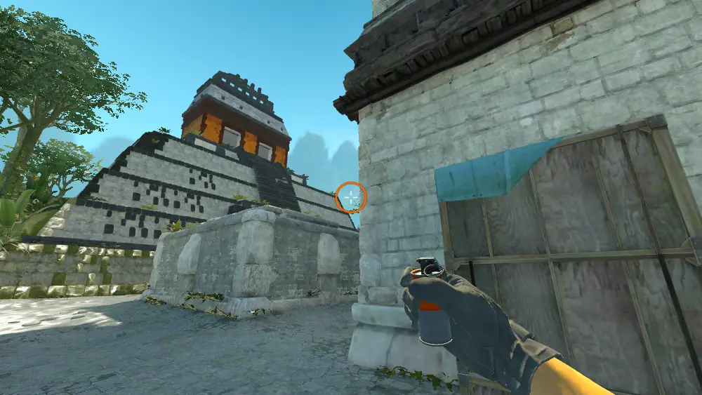 Standing on the B Entry spot on Ancient, the aim mark on the point this smoke is thrown at.