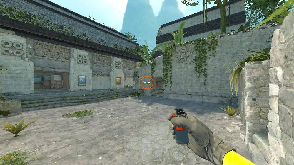 Standing on the CT Spawn spot on Ancient, the aim mark on the point this molotov is thrown at.