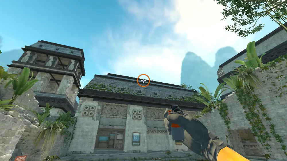Standing on the CT Spawn spot on Ancient, the aim mark on the point this smoke is thrown at.