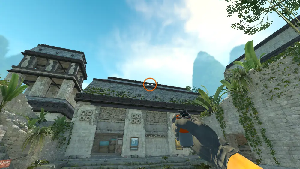 Standing on the CT Spawn spot on Ancient, the aim mark on the point this smoke is thrown at.