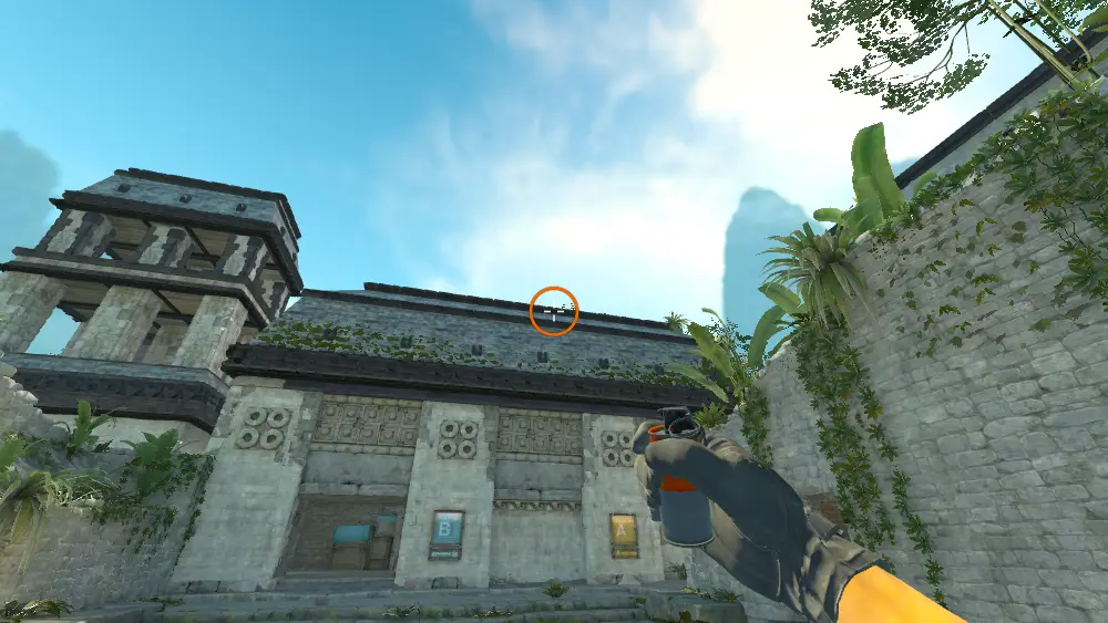 Standing on the CT Spawn spot on Ancient, the aim mark on the point this smoke is thrown at.