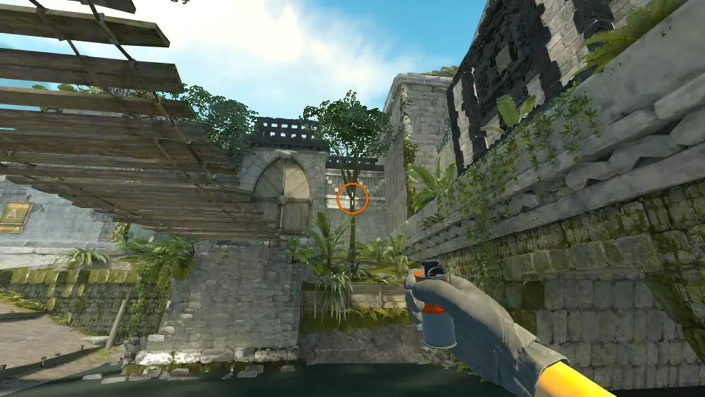 Standing on the T Spawn spot on Ancient, the aim mark on the point this smoke is thrown at.