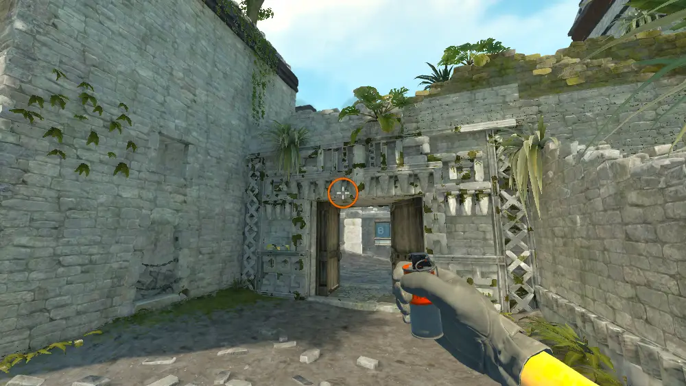 Standing on the Ruins spot on Ancient, the aim mark on the point this smoke is thrown at.