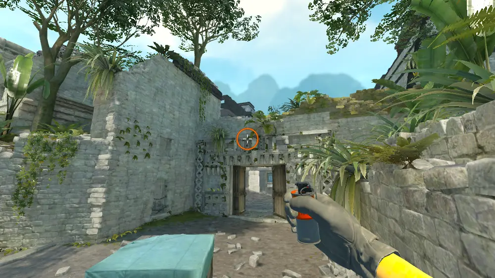 Standing on the Ruins spot on Ancient, the aim mark on the point this smoke is thrown at.
