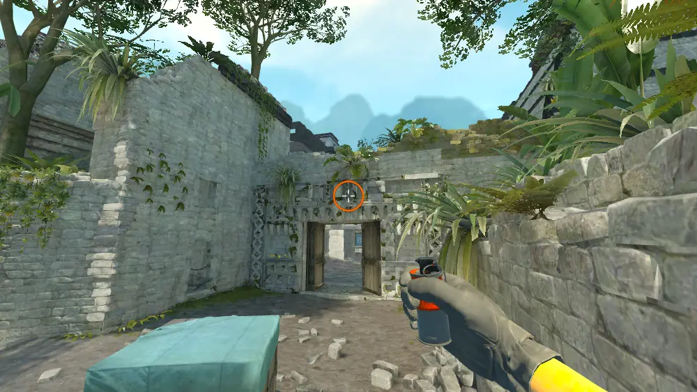 Standing on the Ruins spot on Ancient, the aim mark on the point this smoke is thrown at.