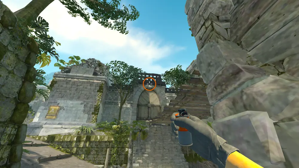 Standing on the T Spawn spot on Ancient, the aim mark on the point this smoke is thrown at.