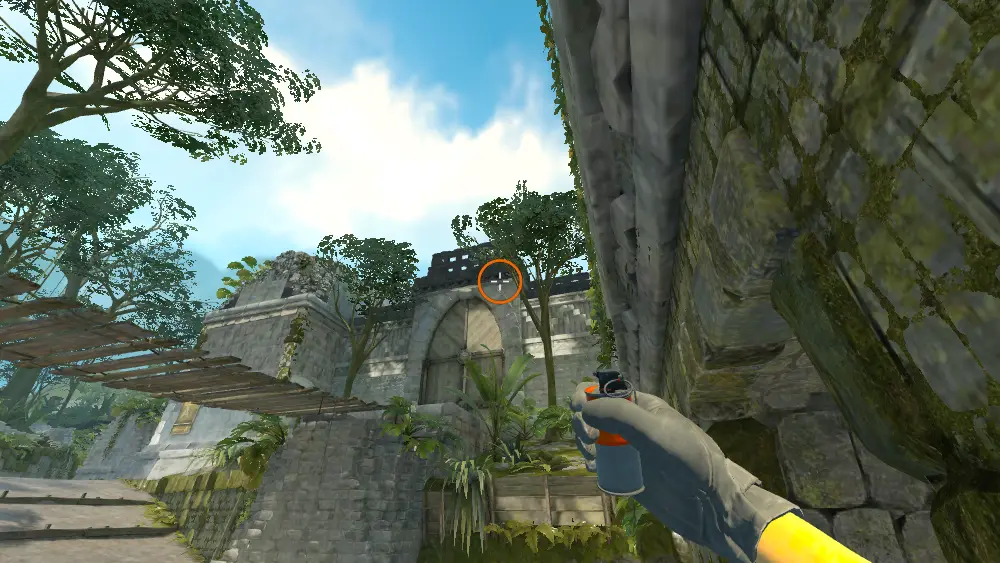 Standing on the T Spawn spot on Ancient, the aim mark on the point this smoke is thrown at.