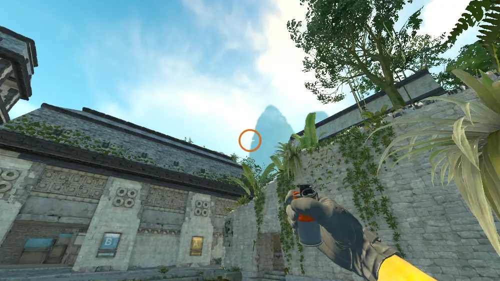 Standing on the CT Spawn spot on Ancient, the aim mark on the point this smoke is thrown at.