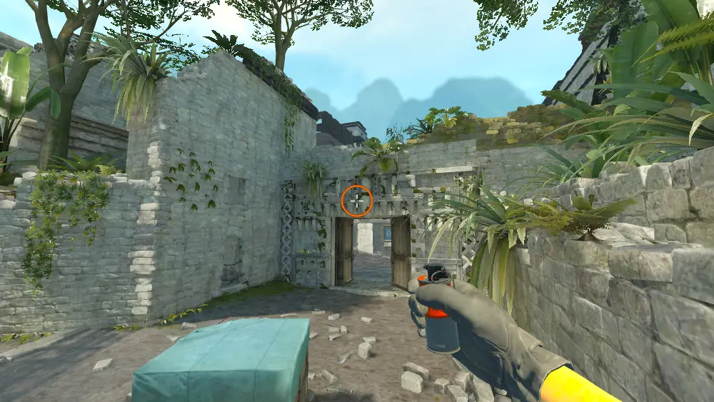 Standing on the Ruins spot on Ancient, the aim mark on the point this smoke is thrown at.