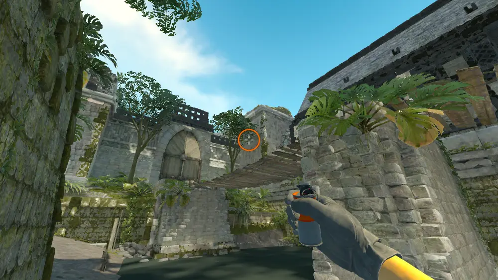 Standing on the T Spawn spot on Ancient, the aim mark on the point this smoke is thrown at.