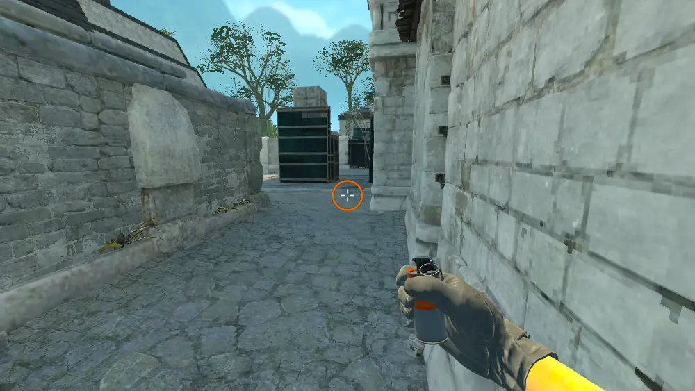 Standing on the B Entry spot on Ancient, the aim mark on the point this molotov is thrown at.