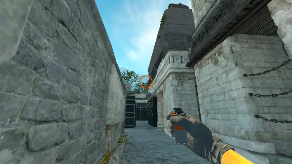 Standing on the B Entry spot on Ancient, the aim mark on the point this molotov is thrown at.