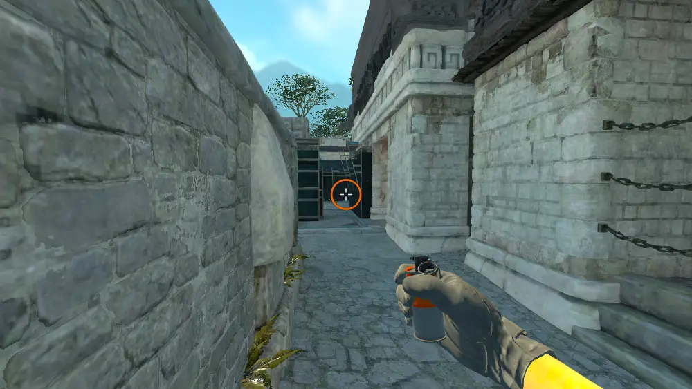 Standing on the B Entry spot on Ancient, the aim mark on the point this molotov is thrown at.