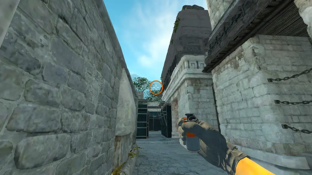 Standing on the B Entry spot on Ancient, the aim mark on the point this molotov is thrown at.
