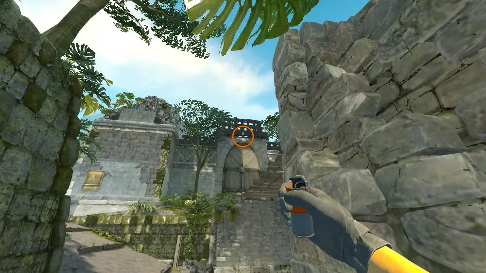 Standing on the T Spawn spot on Ancient, the aim mark on the point this smoke is thrown at.