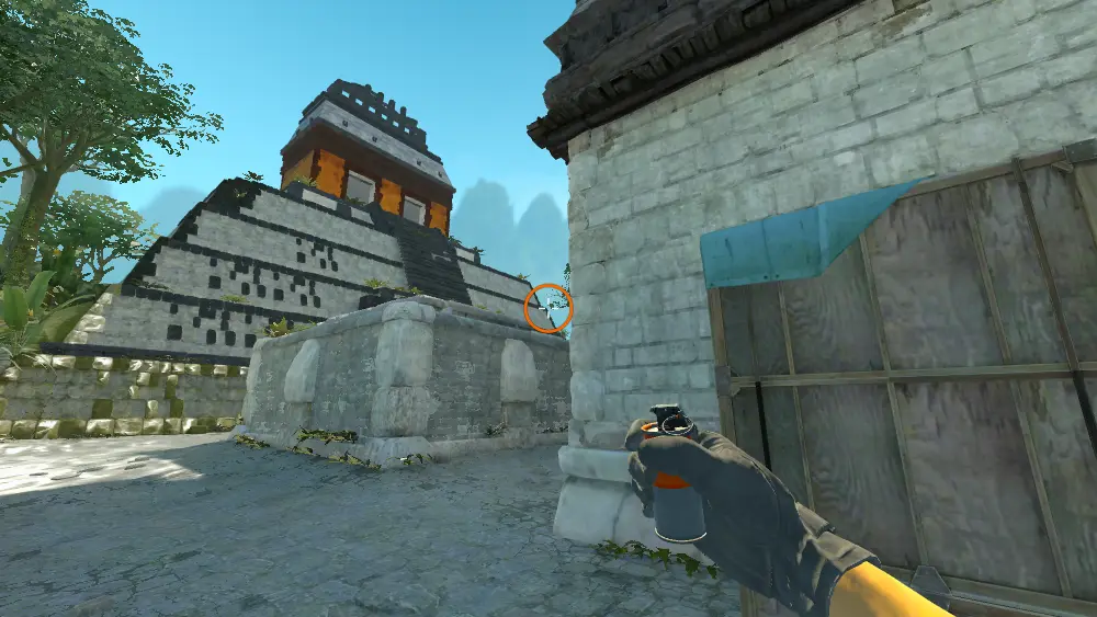 Standing on the Back Halls spot on Ancient, the aim mark on the point this smoke is thrown at.
