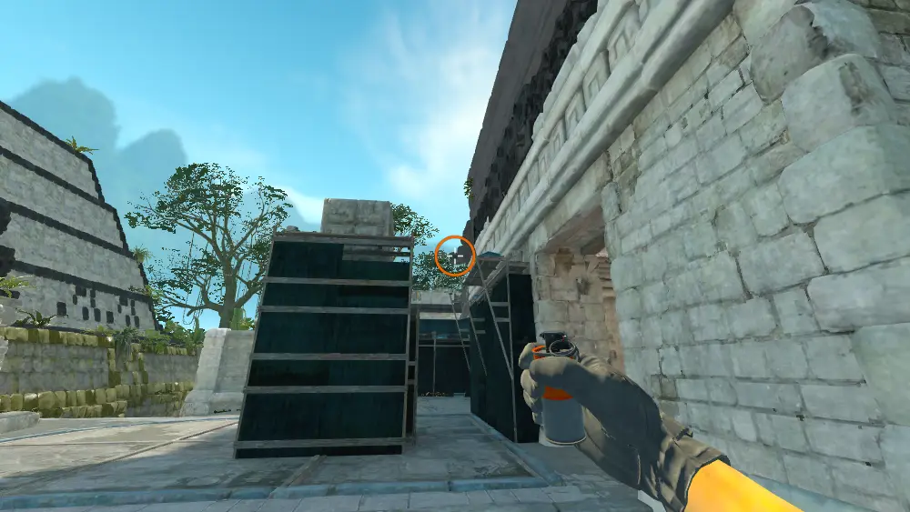 Standing on the B Site spot on Ancient, the aim mark on the point this smoke is thrown at.