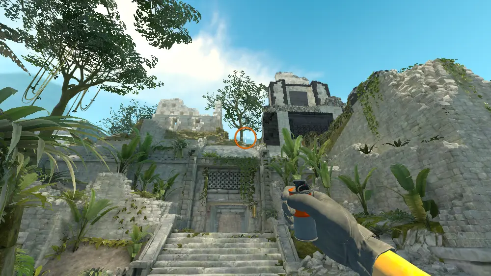 Standing on the Outside spot on Ancient, the aim mark on the point this smoke is thrown at.