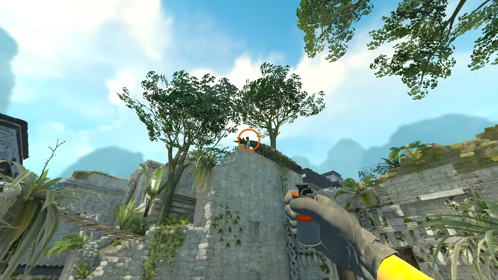 Standing on the Ruins spot on Ancient, the aim mark on the point this smoke is thrown at.
