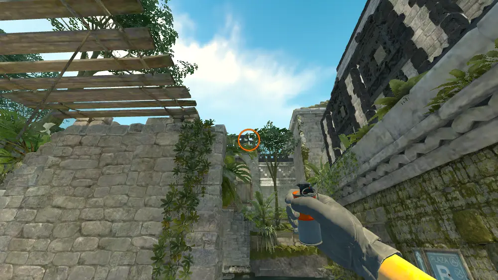 Standing on the T Spawn spot on Ancient, the aim mark on the point this smoke is thrown at.