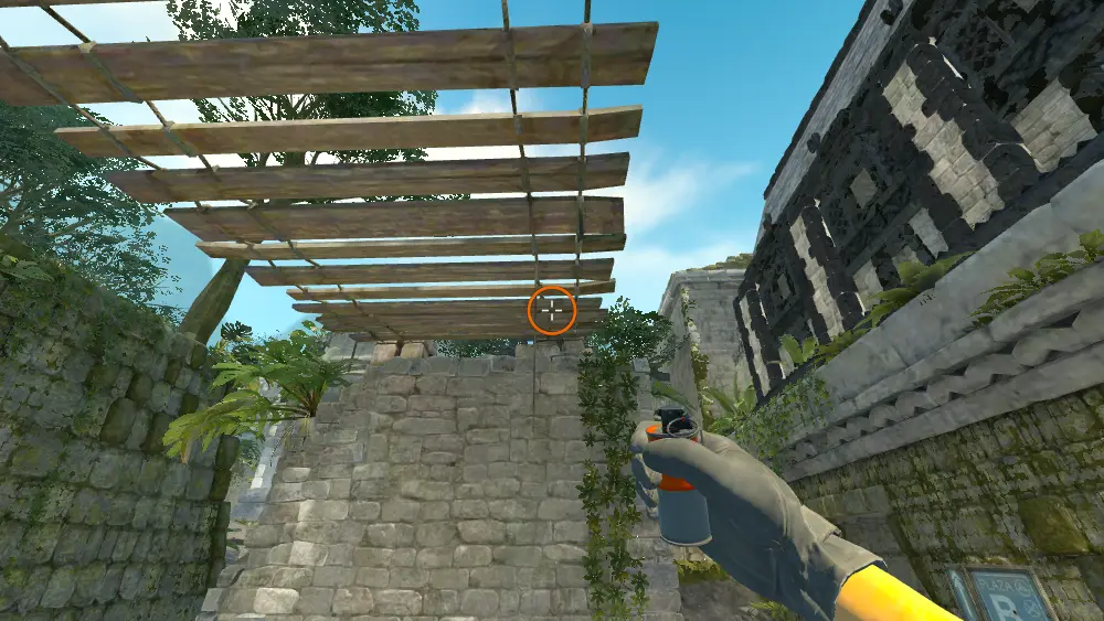 Standing on the T Spawn spot on Ancient, the aim mark on the point this smoke is thrown at.