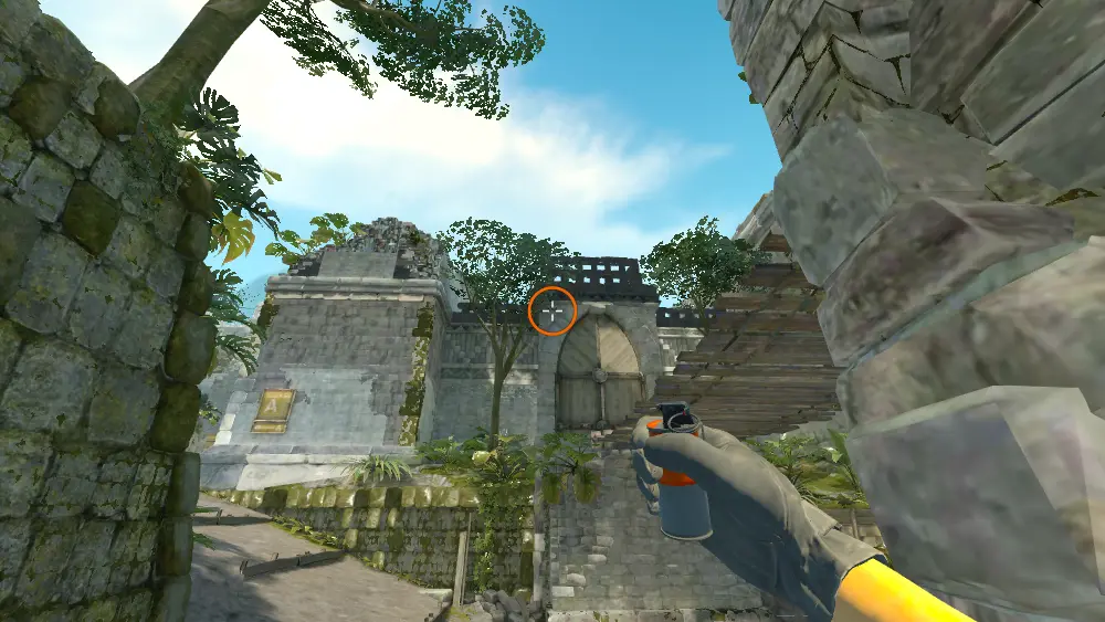 Standing on the T Spawn spot on Ancient, the aim mark on the point this smoke is thrown at.