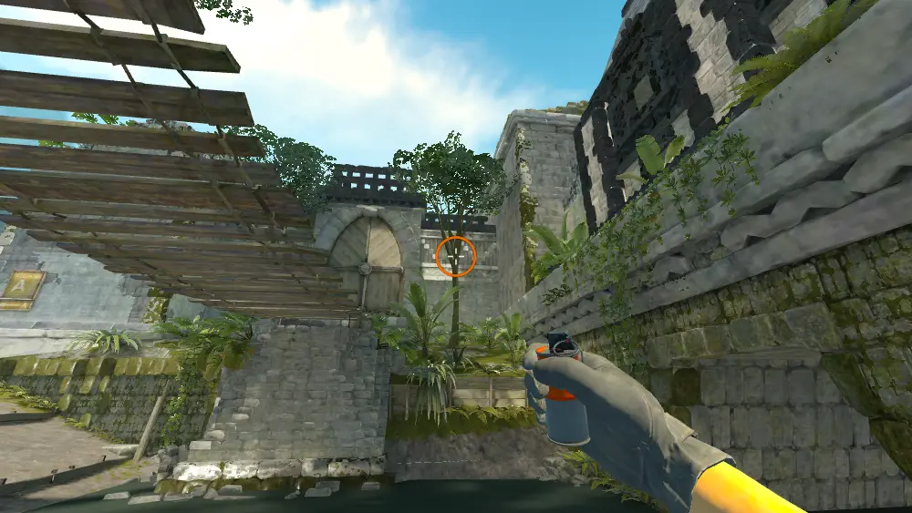 Standing on the T Spawn spot on Ancient, the aim mark on the point this smoke is thrown at.